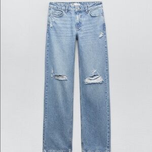 Zara Jeans | Mid-Rise Straight Leg Distressed Denim | Color: Light Blue | Size 0